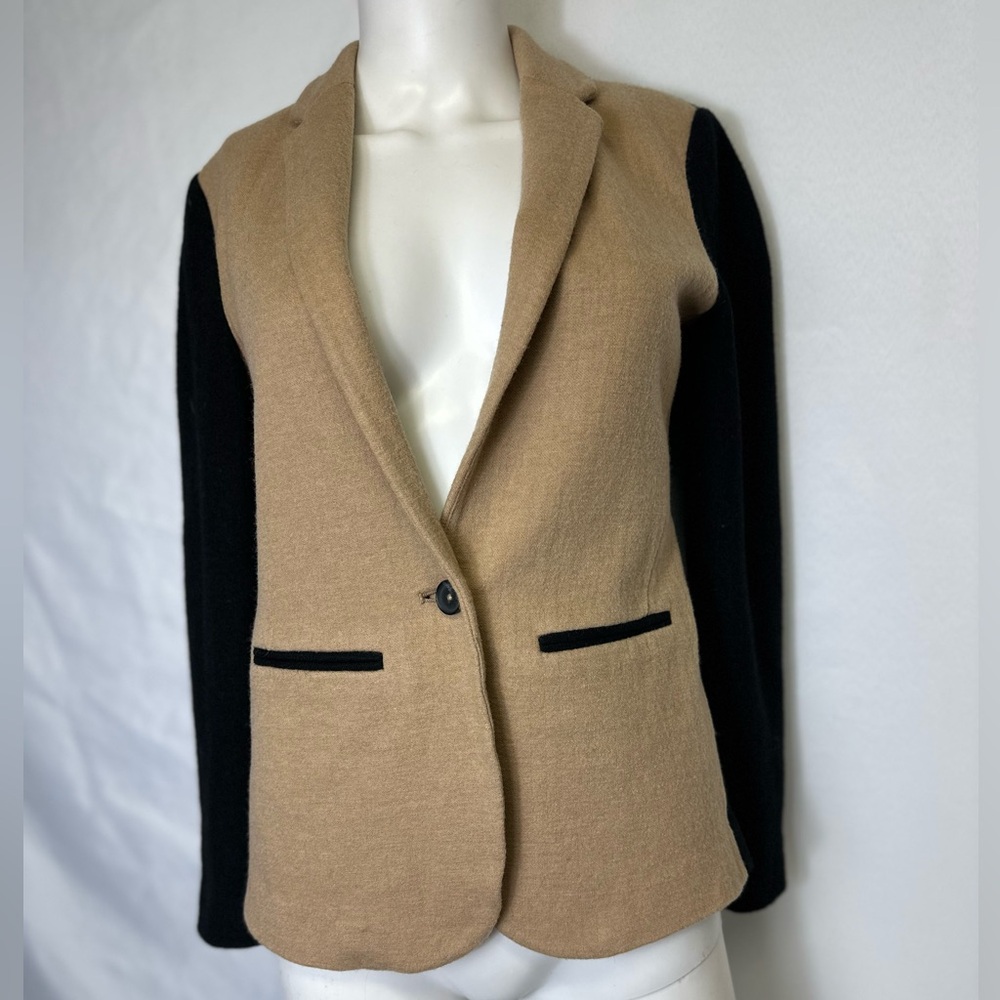 J CREW SIZE 2 WOOL BLEND TAN & BLACK BLAZER Mock Front Pockets 1 Button